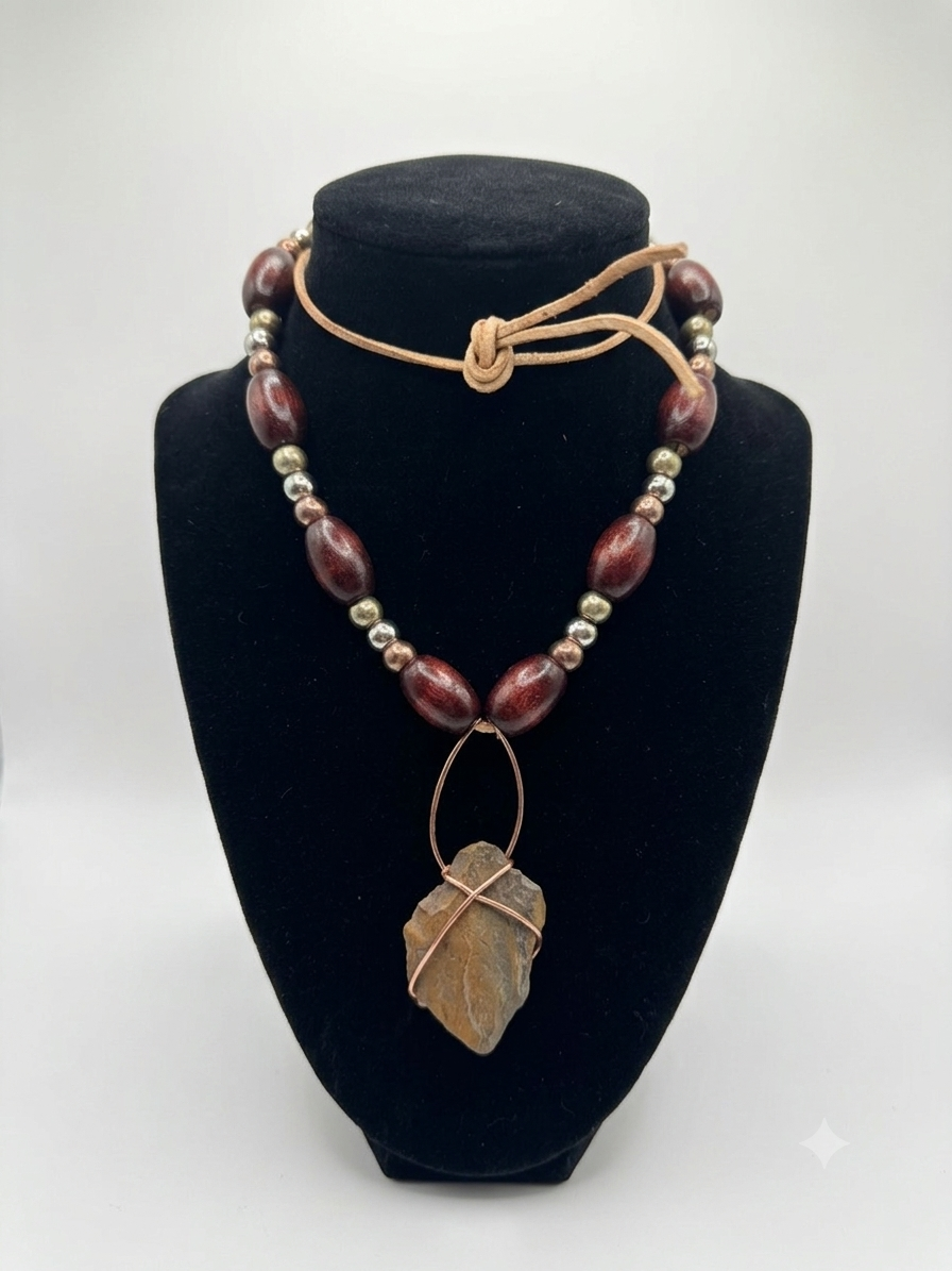 Beaded necklace with wrapped stone pendant